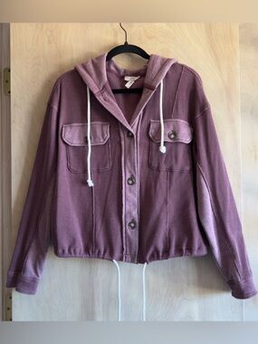 Como Vintage Waffle Knit Button Hoodie Jacket Purple Drawstring Hem Women's M